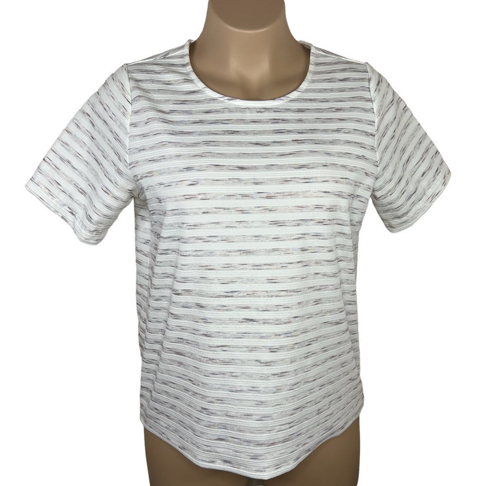14w CJ Banks Ivory White Striped Short Sleeve Top Stretch 0x Tee T Shirt